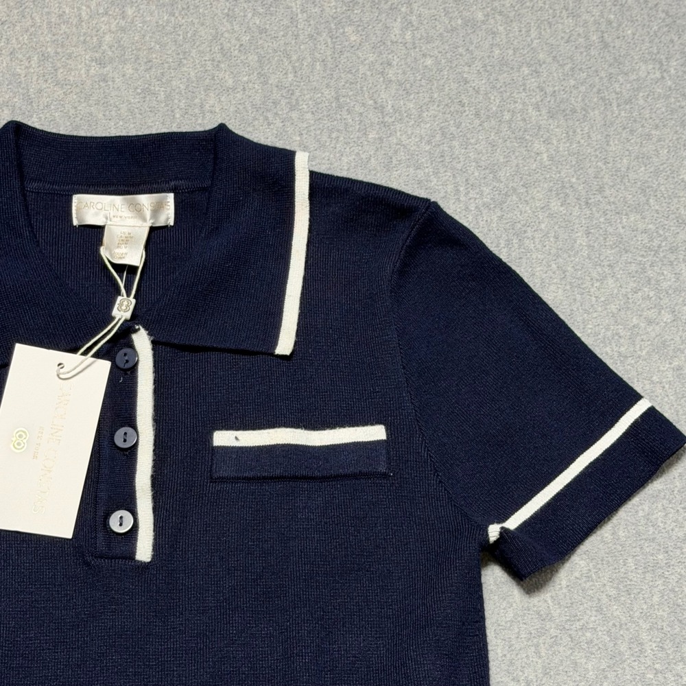 Caroline Constas Navy Blue Knit Polo Mini Dress White Trim Pleated Skirt Size M - Picture 11 of 12